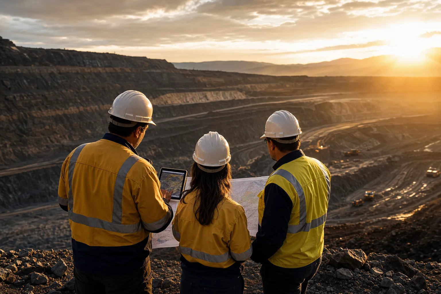 Mining engineers reviewing site plans and geological maps at the edge of an open-pit mine at golden hour