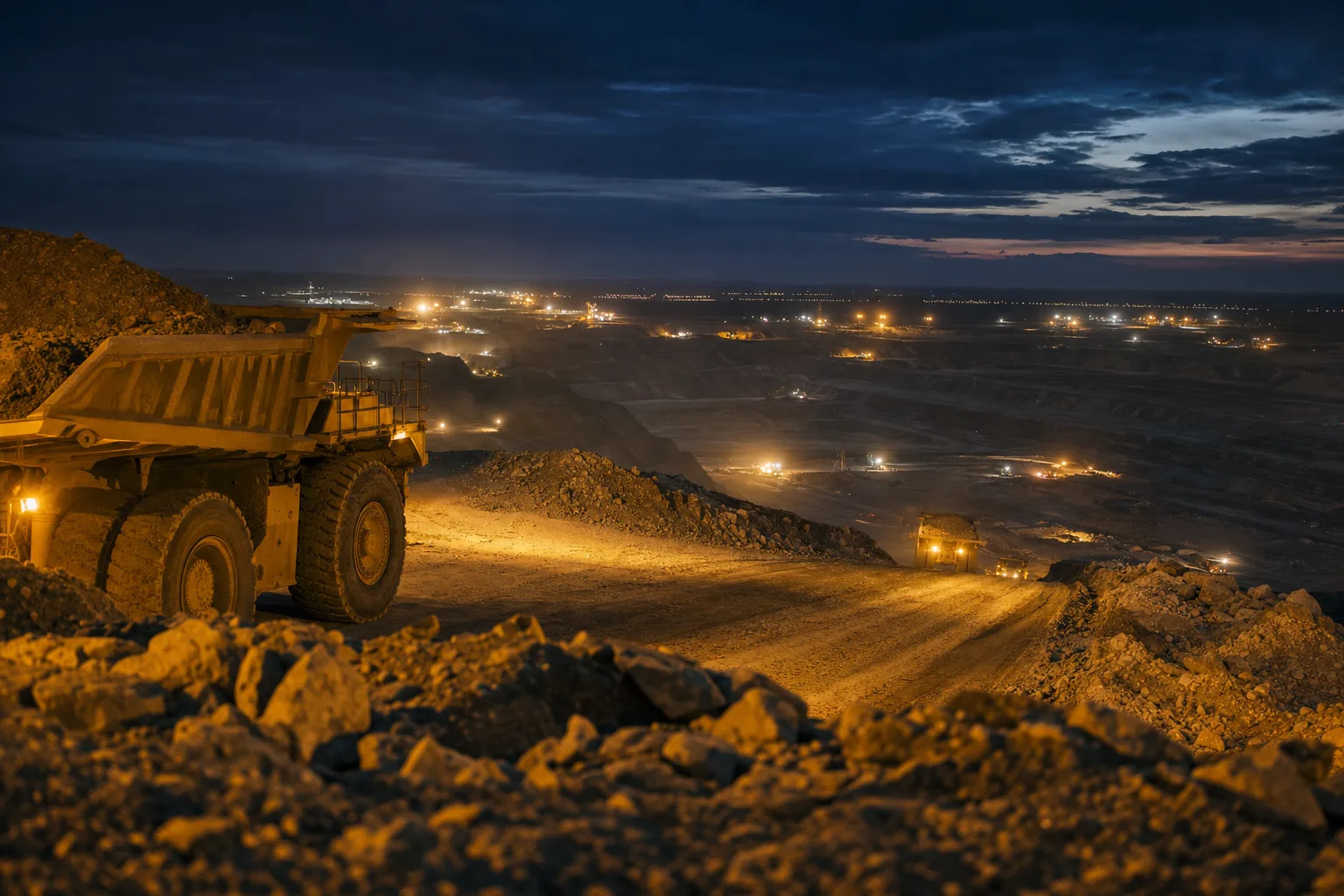 Mine haul road at blue hour with warm equipment lighting illuminating the foreground
