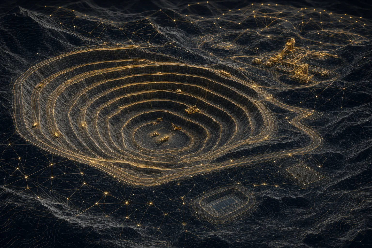 Digital wireframe overlay visualization of a mine terrain model glowing in gold lines