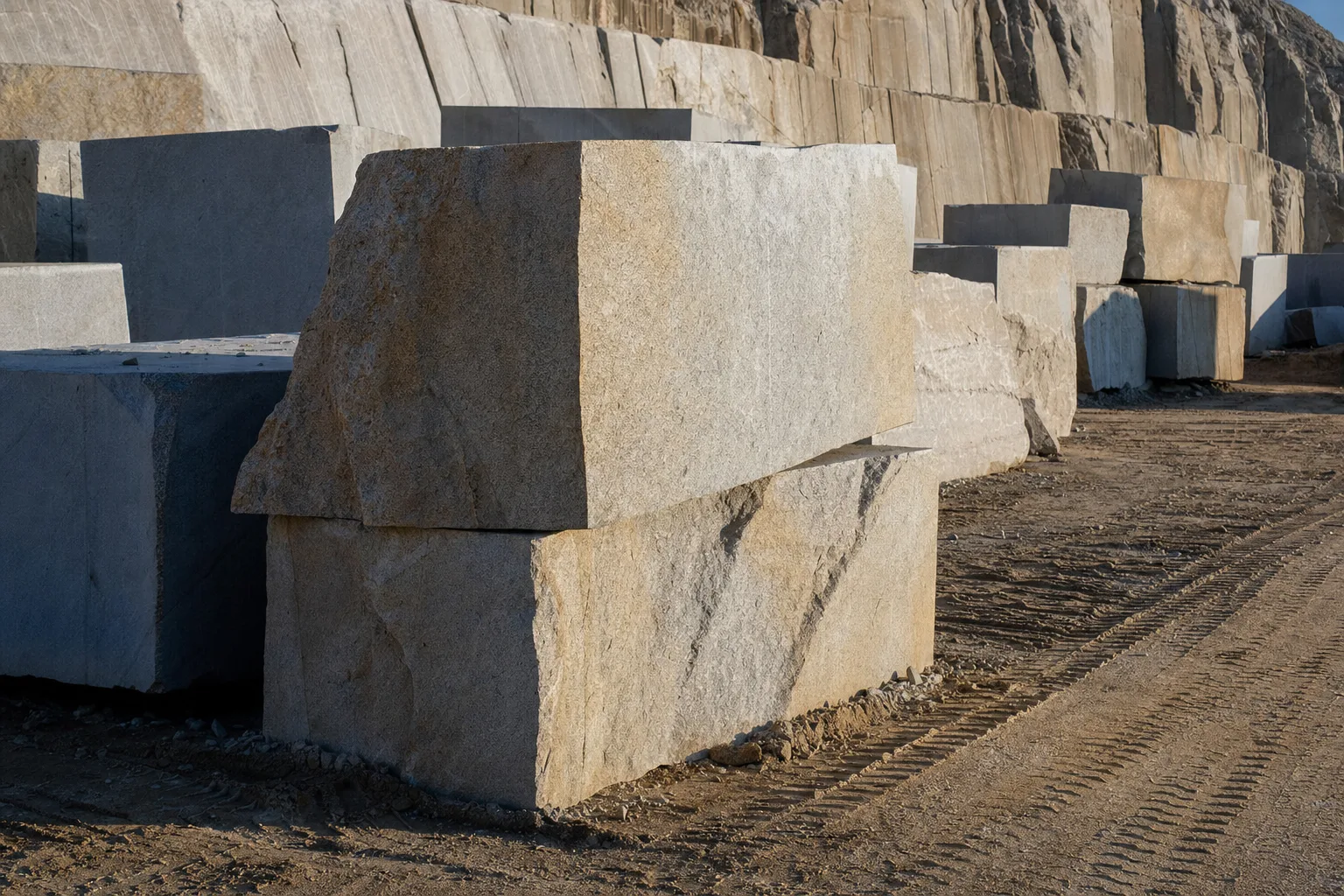 Cut granite blocks stacked at an industrial quarry