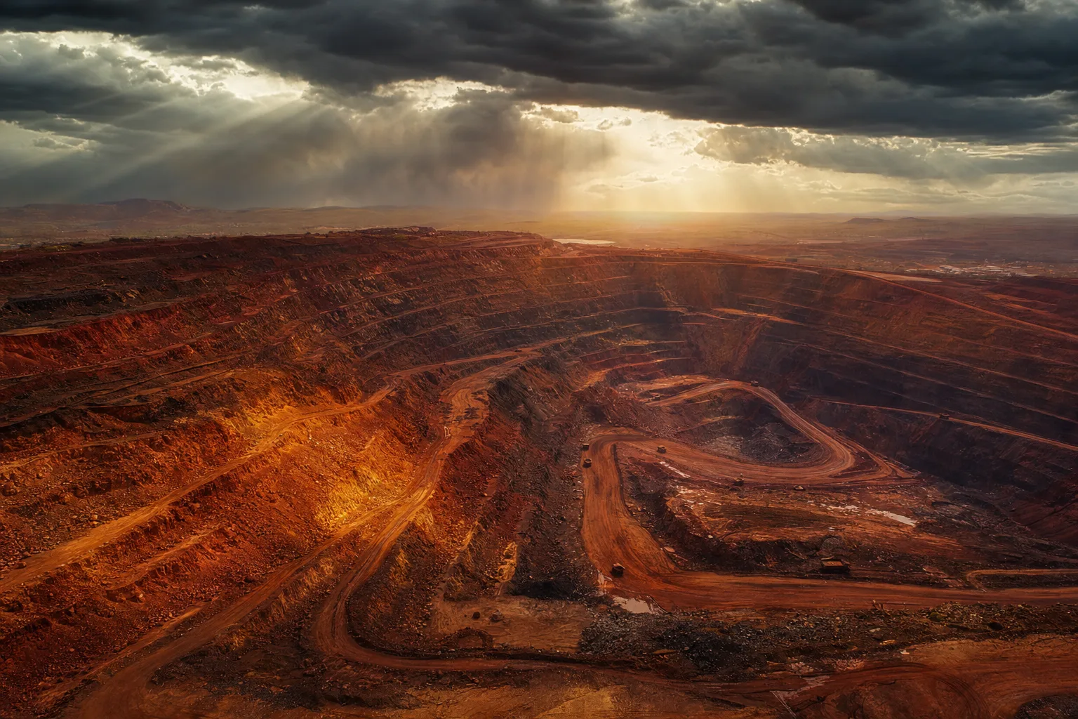 Iron ore open-pit mine with rust-red terraced benches under dramatic sky