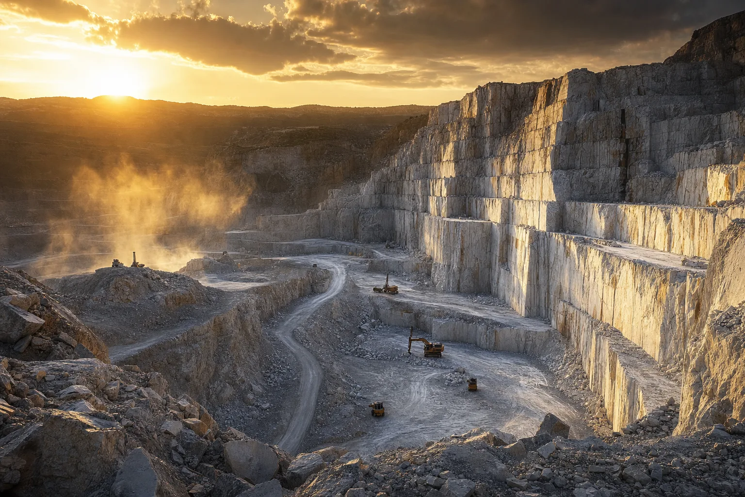 Limestone quarry with pale stepped rock benches under golden light